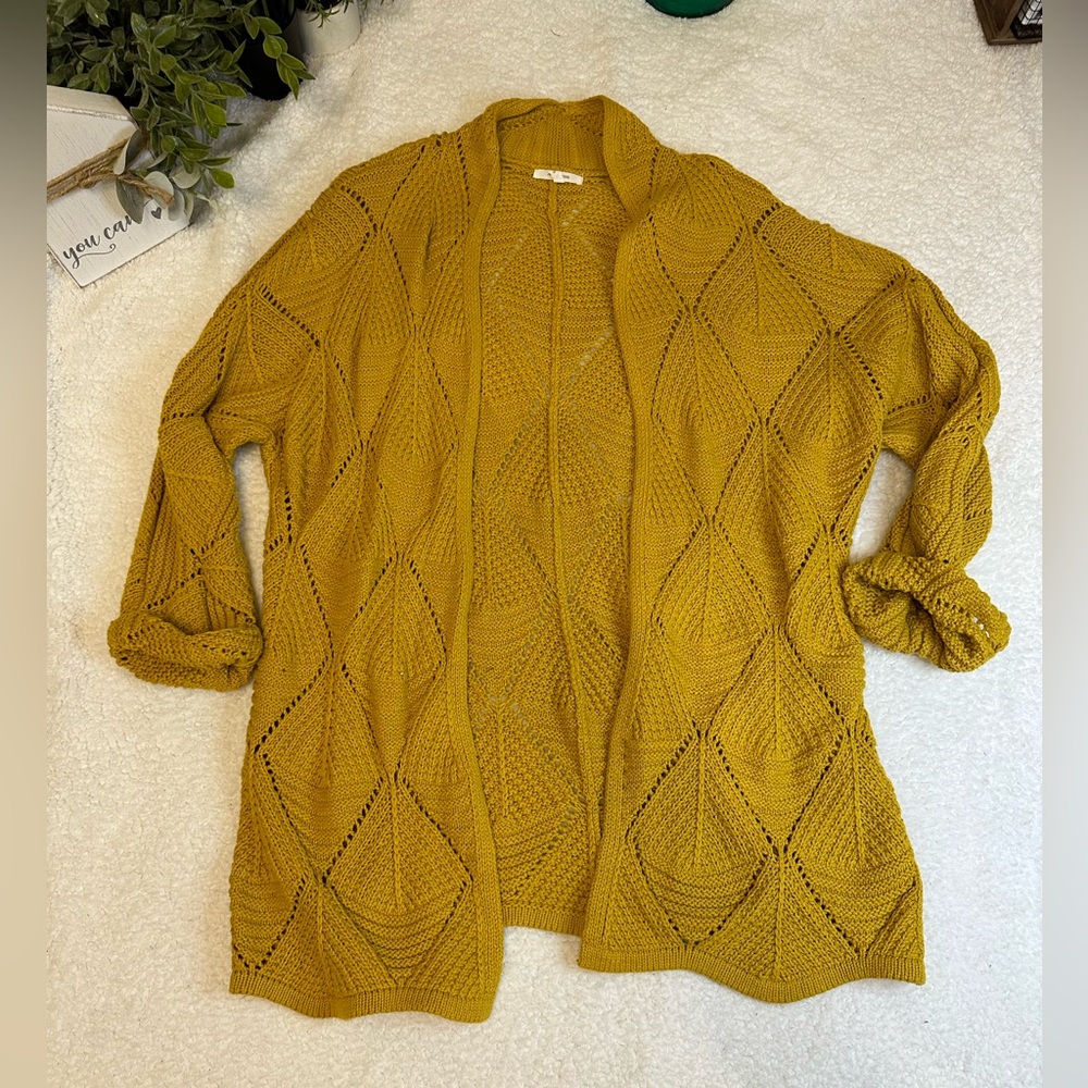 Maurices Mustard Yellow Open Knit Diamond Cardigan